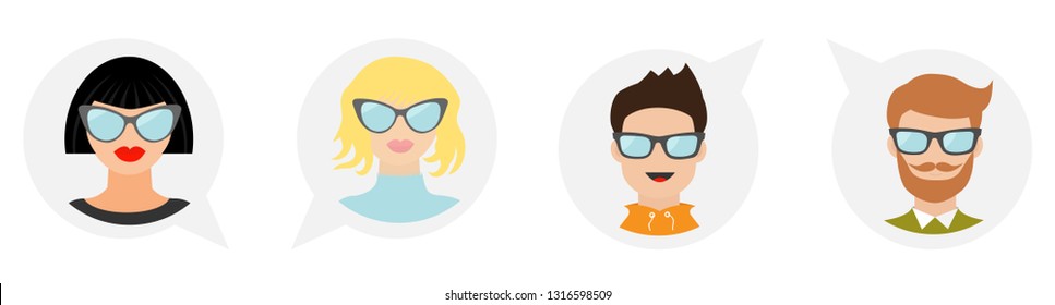 Avatar people icon set line. Cute cartoon character. Diverse face collection. Men women wearing eyeglasses. Male female head with sunglasses Speech bubble Flat White background Isolated Vector