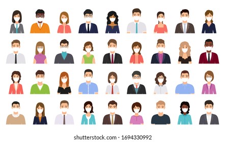 Avatar People In Medical Masks. Business Person Icon. Vector. Set Office Men, Women. Faces Corporate Characters In Flat Design. Cartoon Illustration. Team Male, Female Workers Isolated.