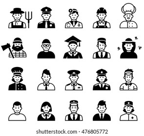 Avatar and People occupations icons. Human resources. Vector illustration of the face of the representatives of different professions isolated on white background.