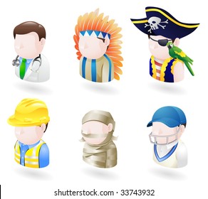 An avatar people web or internet icon set series. Includes a doctor, native American, pirate, builder or construction worker or engineer, a mummy and a cricket player, sports man.