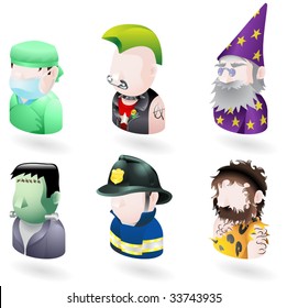 An avatar people web or internet icon set series. Includes a doctor or surgeon, a punk, a wizard or magician, Frankenstein monster, a firefighter or fireman and a caveman.