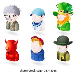 An avatar people web or internet icon set series. Includes a scientist or teacher, a baseball player, an irish leprechaun, a devil or satan, a boy or teenager in a hooded top, and a sheriff or cowboy