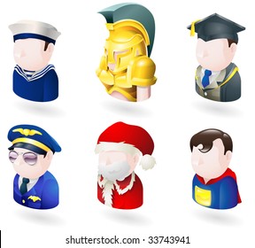 An avatar people web or internet icon set series. Includes a sailor or navy officer, a spartan or trojan soldier, a teacher or graduate, a pilot, father christmas or santa and a superhero