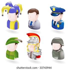 An avatar people web or internet icon set series. Includes a jester or joker, a businessman, a police officer or security guard, robinhood, a roman soldier and a modern soldier