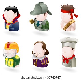 An avatar people web or internet icon set series. Includes vampire or count dracula, sherlock holmes character, rambo character, american football player, shakespeare character, chef or cook