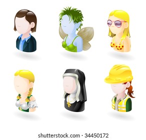 An avatar people web or internet icon set series. Includes female characters of business woman, fairy or elf, bikini girl, german style waitress, nun and female engineer