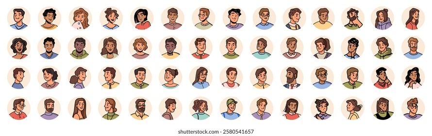 Avatar pictures of multiethnic individuals collection. Vector isolated smiling cartoon characters profile icons. Happy male and female faces. Portraits of men and women personages in different angles