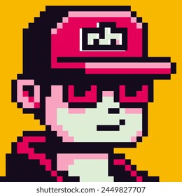 Avatar pixel 8-bit boy with cap, male character, guy cartoon vector icon, game user or web profile person, people, social net portrait, young man face, minimalistic fashion, vector illustration.