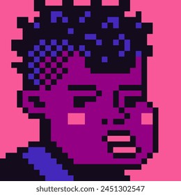 Avatar pixel art child character, 8-bit girl, cartoon vector icon, game user or web profile person, people, social net portrait, African American boy face, minimalistic fashion vector illustration