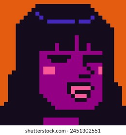 Avatar pixel art fashion female character, 8-bit girl, African American woman face, cartoon vector icon, game user or web profile person, people, social net portrait, minimalistic vector illustration