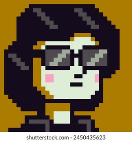 Avatar pixel art female character with glasses, 8-bit girl, cartoon vector icon, game user or web profile person, people, social net portrait, woman face, minimalistic fashion, vector illustration