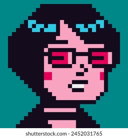 Avatar pixel art female character with glasses, 8-bit girl, cartoon vector icon, game user or web profile person, people, social net portrait, woman face, minimalistic fashion, vector illustration