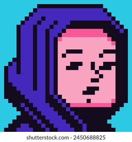 Avatar personaje de píxel en hijab, pañuelo, icono de Vector de dibujos animados, usuario de juego o persona de perfil de Web, personas, chica de 8 bits, retrato de red social, cara de mujer joven, moda minimalista, Vector