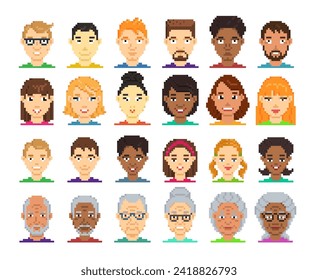 Personajes de píxeles avatares, ancianos y niños mayores, hombres y mujeres, niños y niñas, iconos vectoriales. Gente de 8 bits se enfrenta al avatar del juego, cabeza de joven y anciana para perfil de usuario de personajes familiares