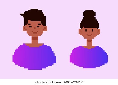 Avatar pixel characters of man and woman. human pixel face