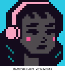 Avatar pixel personaje femenino en auriculares, icono de Vector de dibujos animados, usuario del juego o perfil de Web personas y personas, chica de 8 bits, retrato de la red social, cara de mujer joven, moda minimalista, Vector