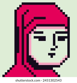 Avatar pixel personaje femenino en hijab, pañuelo de cabeza, icono de Vector de dibujos animados, usuario de juegos o persona de perfil de Web, personas, chica de 8 bits, retrato de red social, cara de mujer joven, moda minimalista, Vector