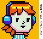 Avatar pixel girl character in headphones, cartoon vector icon, game user or web profile person, people, 8-bit child, social net portrait, young woman face, minimalistic fashion, vector