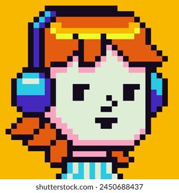 Avatar personaje de la chica pixel en auriculares, ícono de Vector de dibujos animados, usuario de juego o persona de perfil de Web, personas, niño de 8 bits, retrato de red social, cara de mujer joven, moda minimalista, Vector