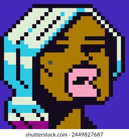 Avatar pixel woman face with big lips, female fashion character, cartoon vector icon, game user or web profile persons and people, 8-bit girl, social net portrait, minimalistic vector background.