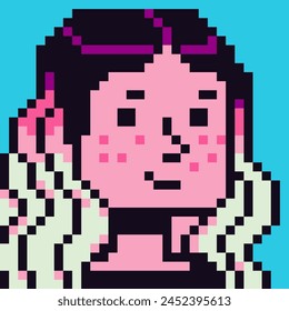 Avatar pixel mujer cara, personaje femenino de la moda, ícono de Vector de dibujos animados, usuario del juego o perfil de Web personas y personas, niña de 8 bits, retrato de la red social, fondo de Vector minimalista.