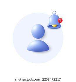Avatar placeholder with alert bell 3d icon. Business communication headshot. Profile avatar with notice. Neutral gender user silhouette. Profile portrait. Reminder button with avatar headshot. Vector