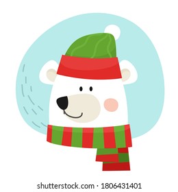 Avatar of a polar bear with a hat and a scarf. Vector illustration in cartoon flat style.