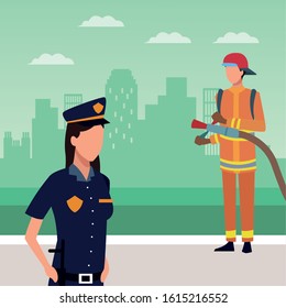 Avatar police woman and fireman standing over green background of urban city, colorful design, vector illustration