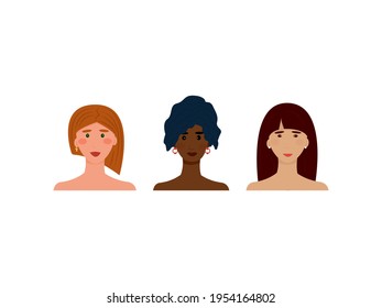 avatar portrait of African American, Asian and European. Women with different skin colors. Design element for banners on the theme of women's rights protection. Vector illustration, flat