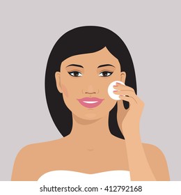 Avatar portrait of beautiful asian woman cleaning her face with cotton pad. Vector illustration of smiling girl. Flat design. 