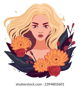 Retrato de avatar de una chica hermosa. Chica en flores. Hermosas flores primaverales. Estilo del pelo. Feminismo. Cartel del Día de la Mujer. Ilustración luminosa plana del vector sobre fondo blanco