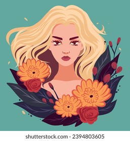 Avatar portrait of a beautiful girl. Girl in flowers. Beautiful spring flowers. Hairstyle. Feminism. Poster card for Women's Day. Vector flat bright illustration