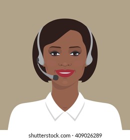 Avatar portrait of a beautiful smiling african american woman. Cheerful support phone or call center operator in headset. Simple flat design. Vector illustration. 