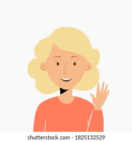Avatar portrait of cute blonde girl waving a hand. Vector illustration in flat style