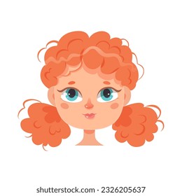 Avatar portrait of girl with curly red hair and cute face vector illustration. Cartoon isolated redhead child with blue eyes and adorable hairstyle, pretty happy teenage character with smile