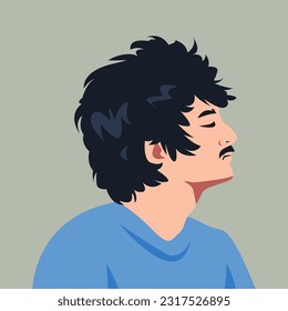 avatar portrait of a male face with frizzy, curly hair and a mustache. side view. vector graphic.