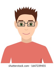 Avatar, retrato de un hombre con gafas. Aislado sobre un fondo blanco. Diseño plano. Ilustración vectorial.
