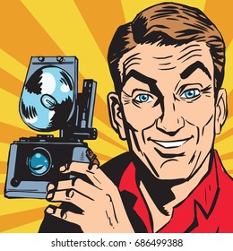 avatar portrait of man with retro camera. Pop art retro vector illustration