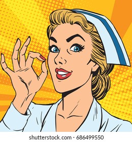 avatar portrait of a nurse OK gesture. Pop art retro vector illustration