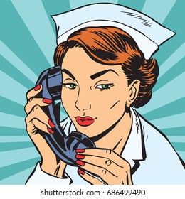 avatar portrait of a nurse with the phone. Pop art retro vector illustration