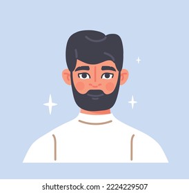 Avatar or portrait of person. Young attractive brunette man with beard in stylish clothes. Office worker, teenager or entrepreneur. Design element for social networks. Cartoon flat vector illustration