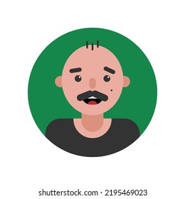 Avatar, portrait, profile picture of adult man with mustache wearing black t-shirt. Vector illustration, round icon. 
