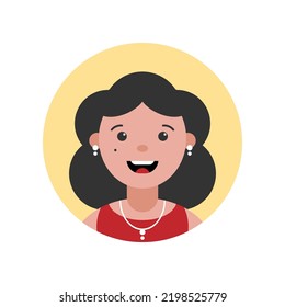 Avatar, Portrait, Profile Picture Of Smiling Dark-haired Woman. Mother, Aunt, Teacher Representation. Vector Illustration, Round Icon. 
