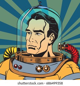 Avatar portrait of a retro astronaut man. astronaut spaceman. Pop art retro vector illustration