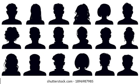 Avatar portrait silhouettes. Woman and man faces portraits, anonymous characters avatars. Adult people head silhouettes vector illustration set. Female and male heads with long and short hair - Shutterstock ID 1896987985