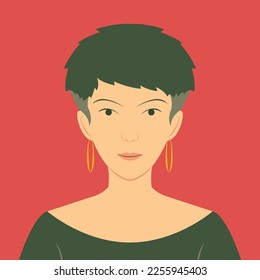 Avatar portrait of  stylish young woman with short hair and wearing gold earrings. Flat vector illustration