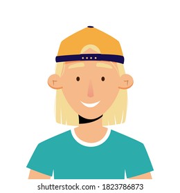Avatar portrait of teenage boy wearing baseball cap. Vector illustration in flat style