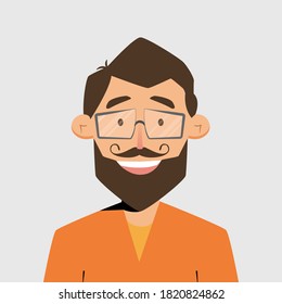 Avatar portrait of young man with beard and glasses. Vector illustration in flat style