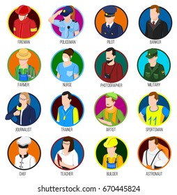 Avatar profession collection of sixteen isolated round user images and uniformed human characters with text captions vector illustration