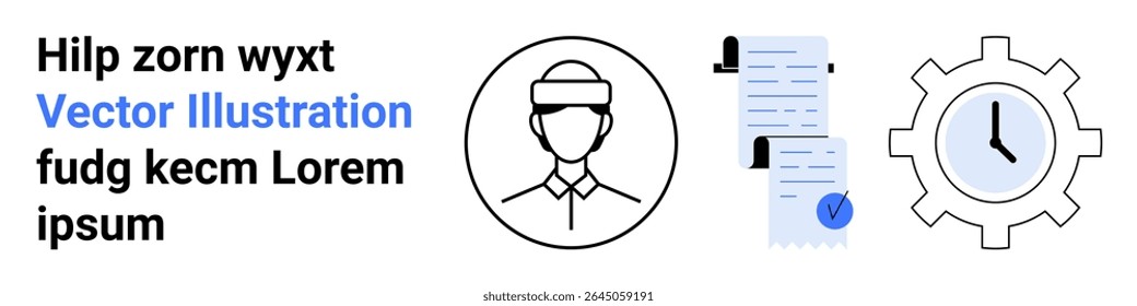 Avatar of a professional, documents with a checkmark, and a gear icon with a clock. Ideal for business services, project management, HR, efficiency, workflow optimization, corporate operations